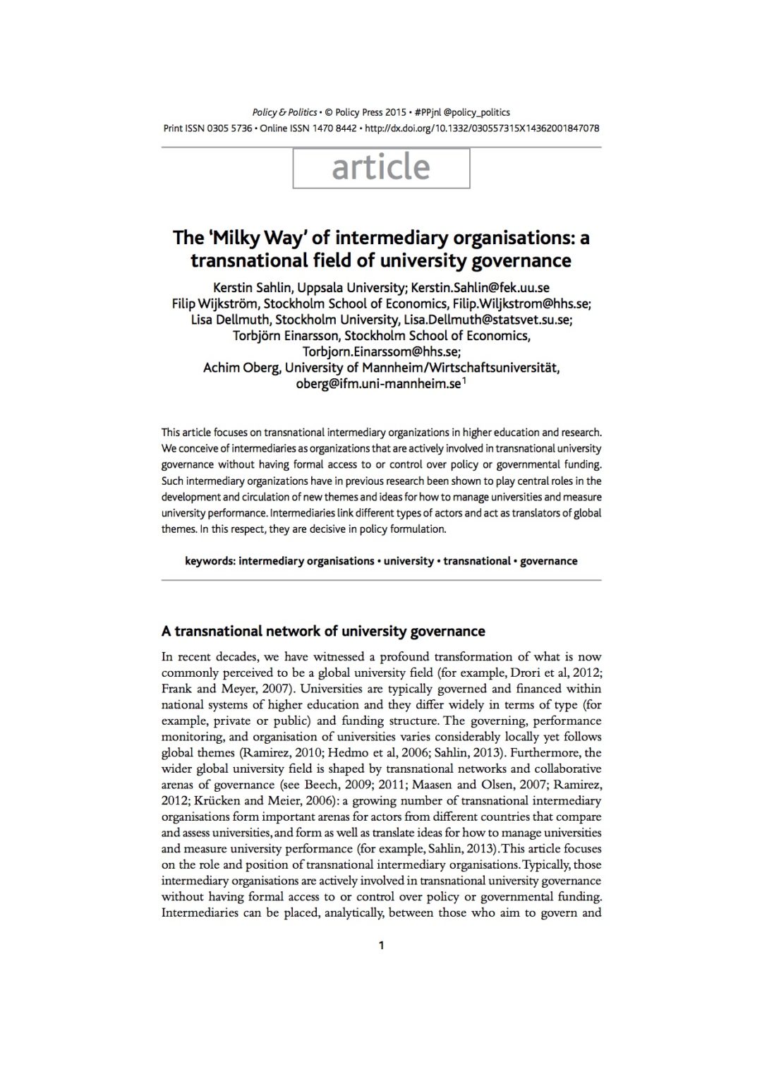 The ‘Milky Way’ of intermediary organisations: a transnational field of university governance